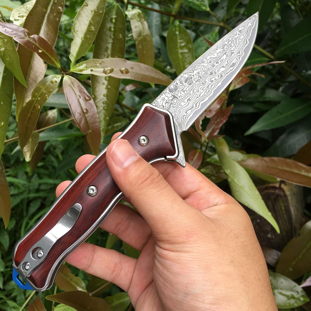 Damascus Folding Pocket Knives with Liner Lock, Cocobolo Wood Handle, Pack of 2 X1948
