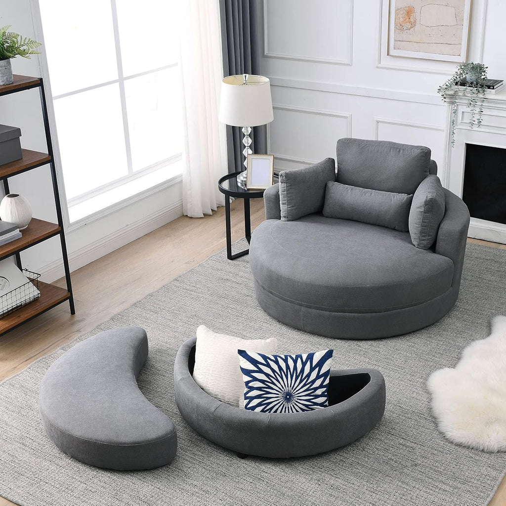 Dark Grey Linen Swivel Accent Chair with Storage Ottoman F5636