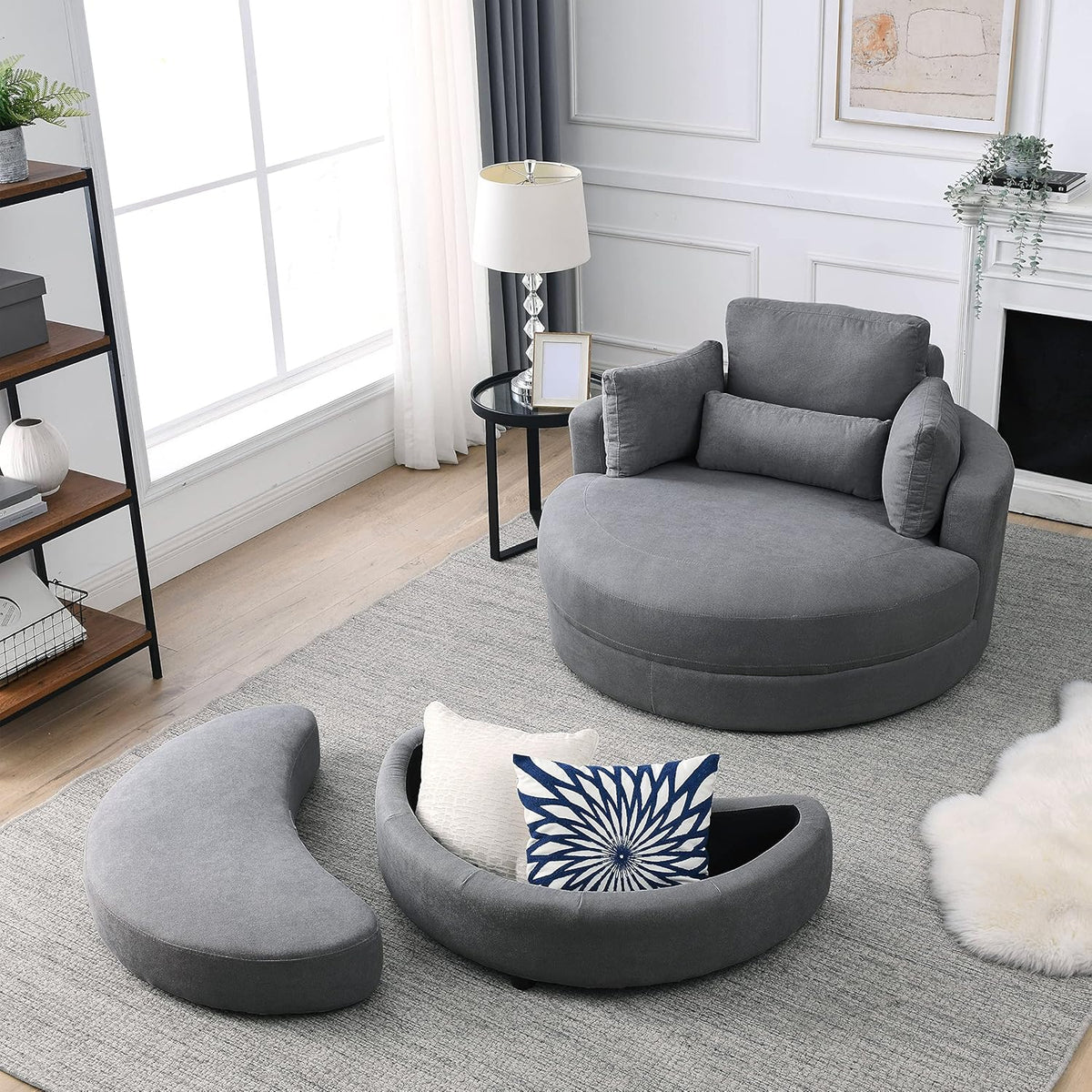 Dark Grey Linen Swivel Accent Chair with Storage Ottoman F5636