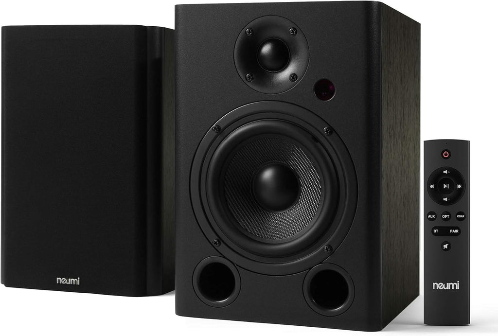 75-Watt Powered Bookshelf Speakers with Bluetooth, Dark Wood, 1 Pair M828