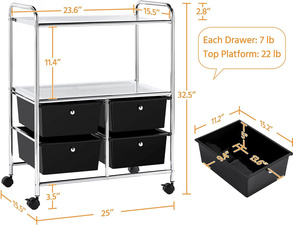 Rolling Storage Cart with 4 Drawers 2 Shelves Black L28706