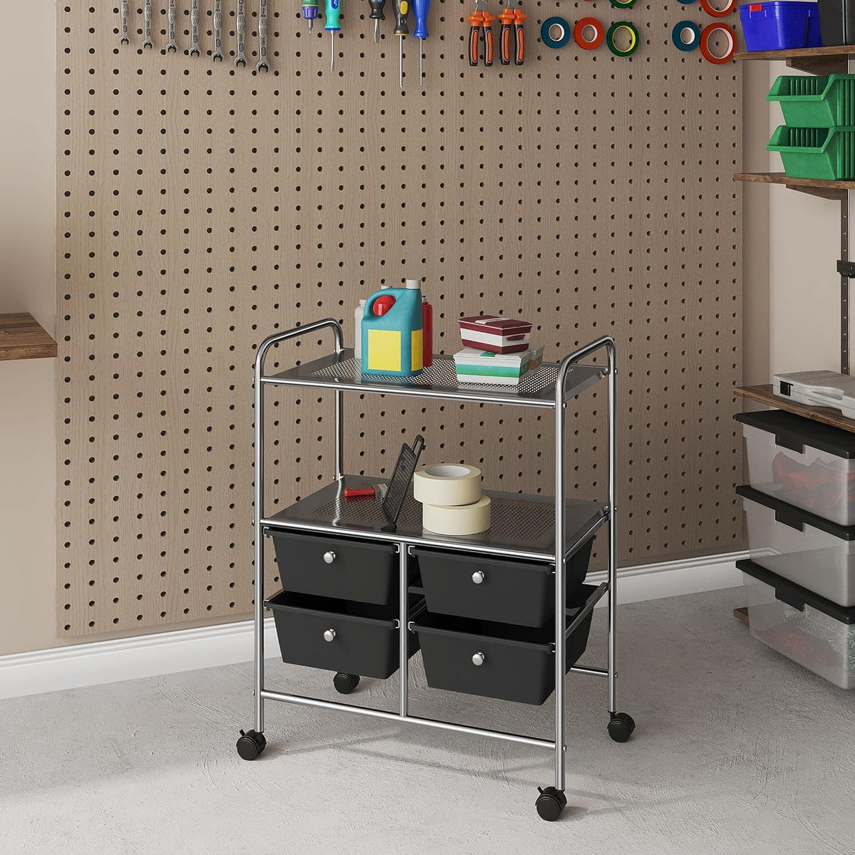 Rolling Storage Cart with 4 Drawers 2 Shelves Black L28706