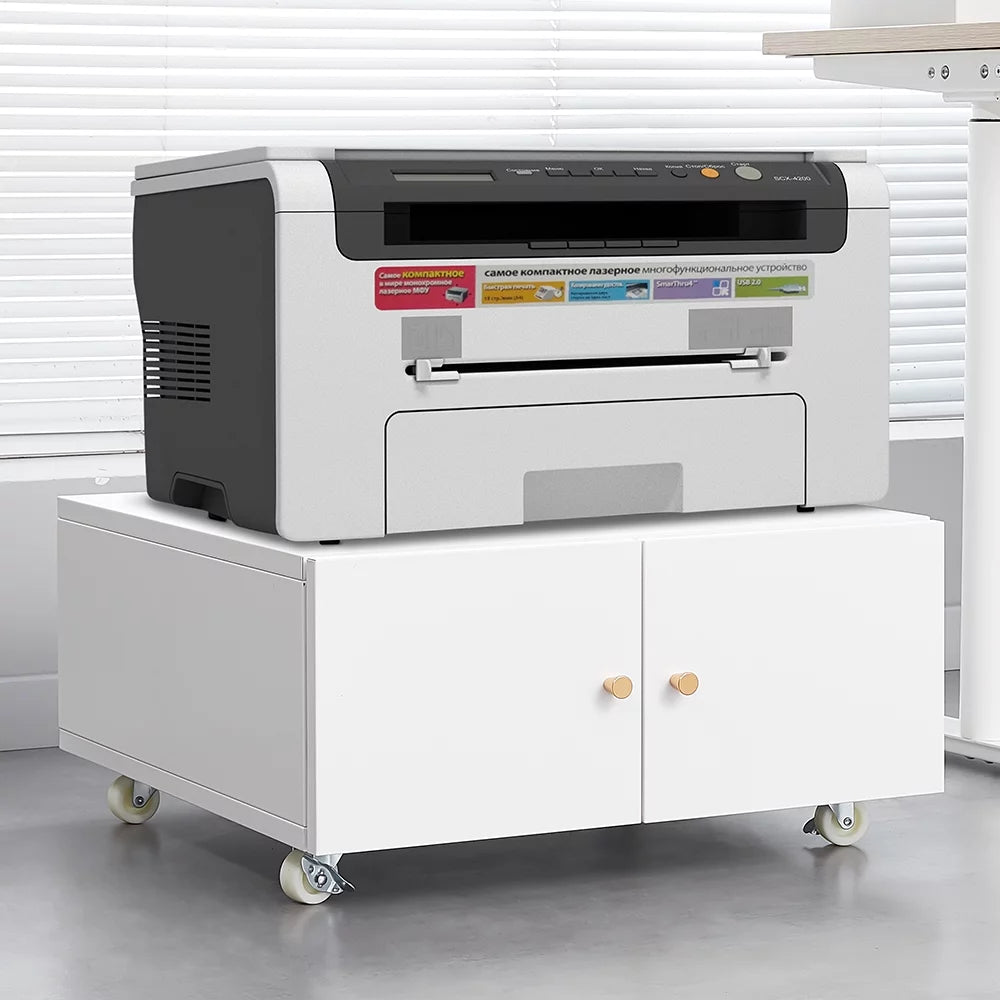 White Printer Stand with Storage Cabinet and Wheels I310