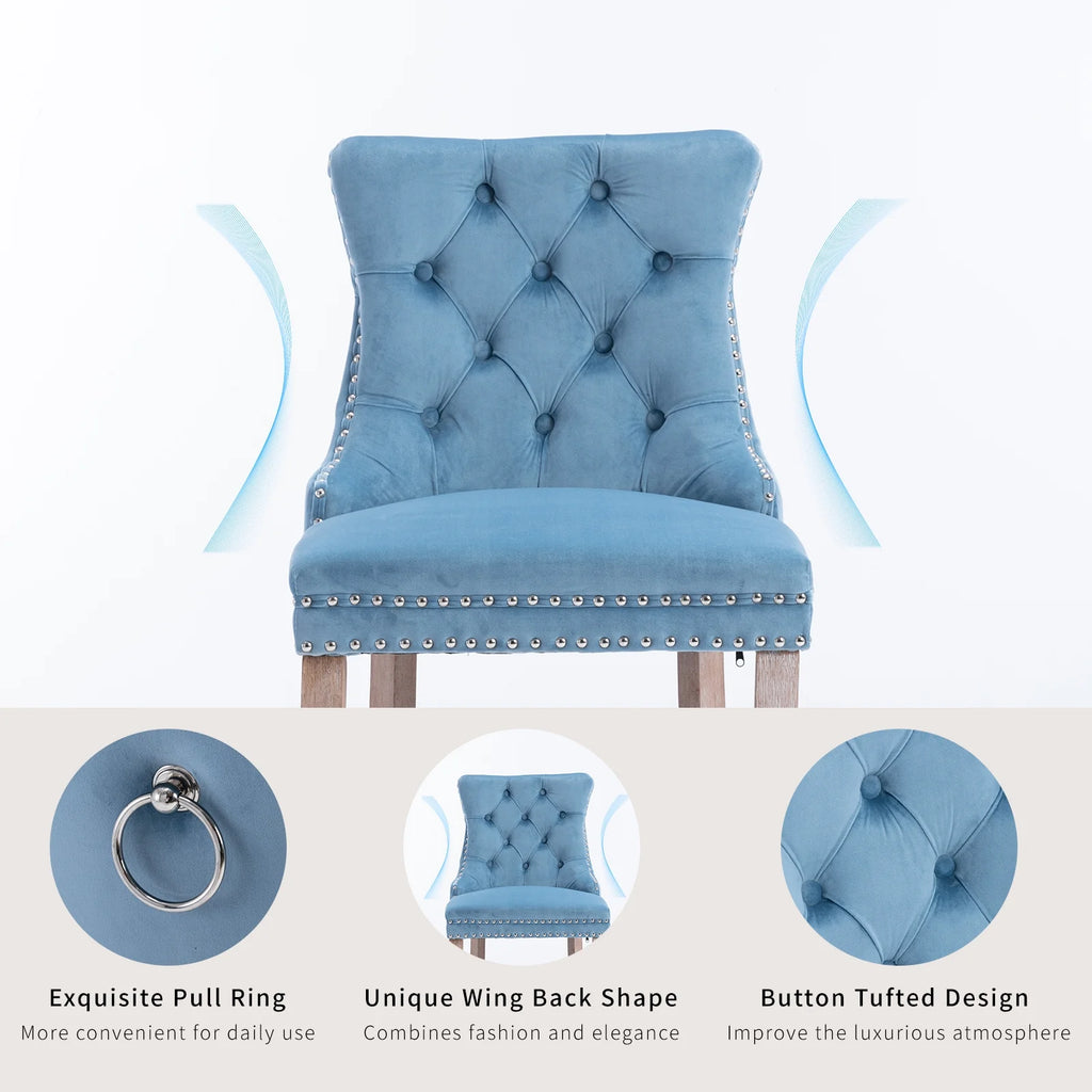 Velvet Bar Stools Set of 2, 27" Seat Height, Tufted Back, Wood Frame, Light Blue F7491