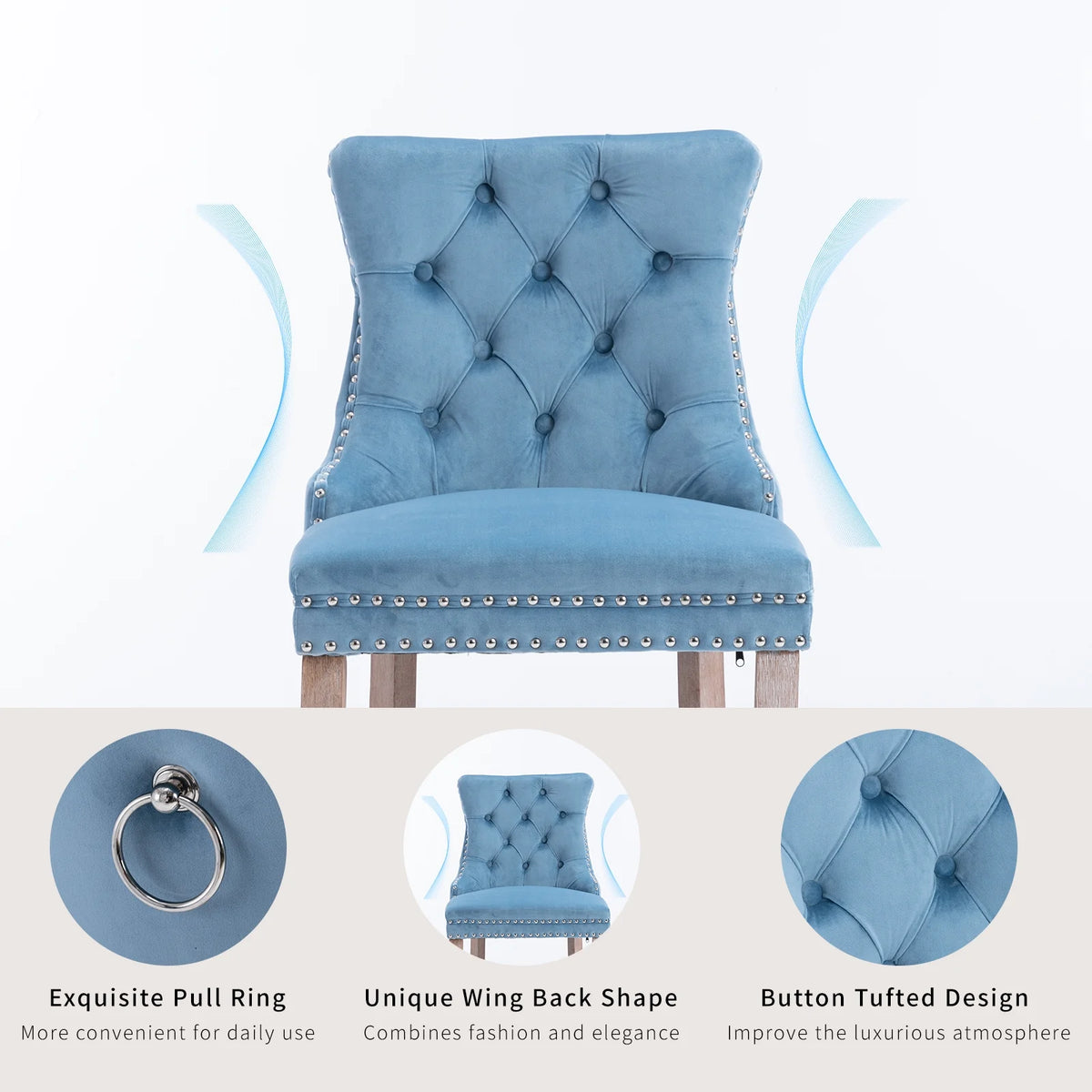Velvet Bar Stools Set of 2, 27" Seat Height, Tufted Back, Wood Frame, Light Blue F7491