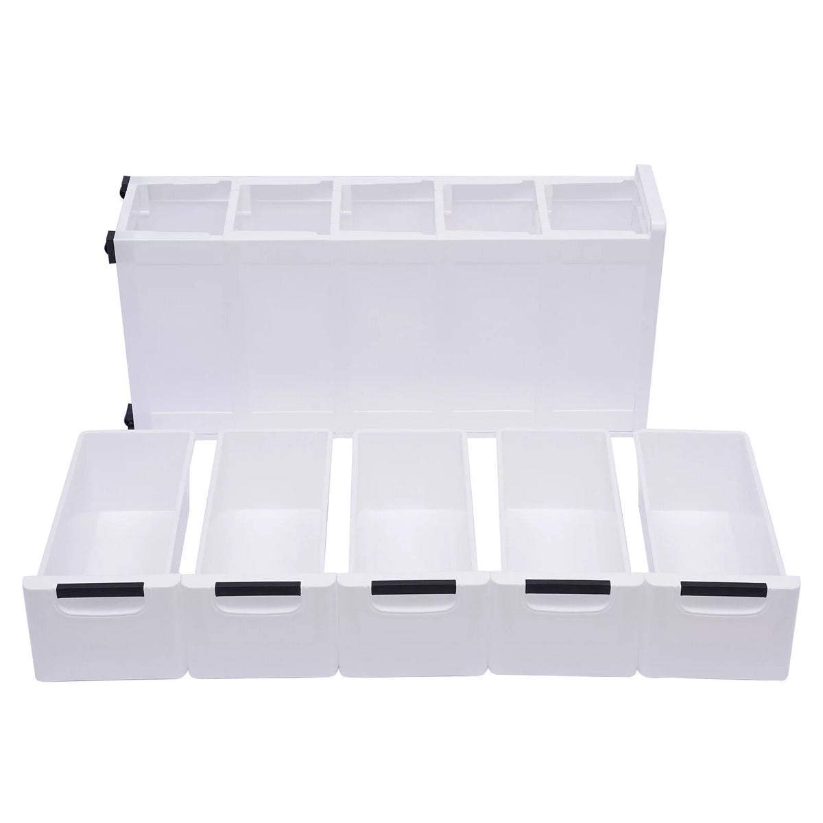 White Narrow Plastic 5 Drawer Dresser with Wheels L7823