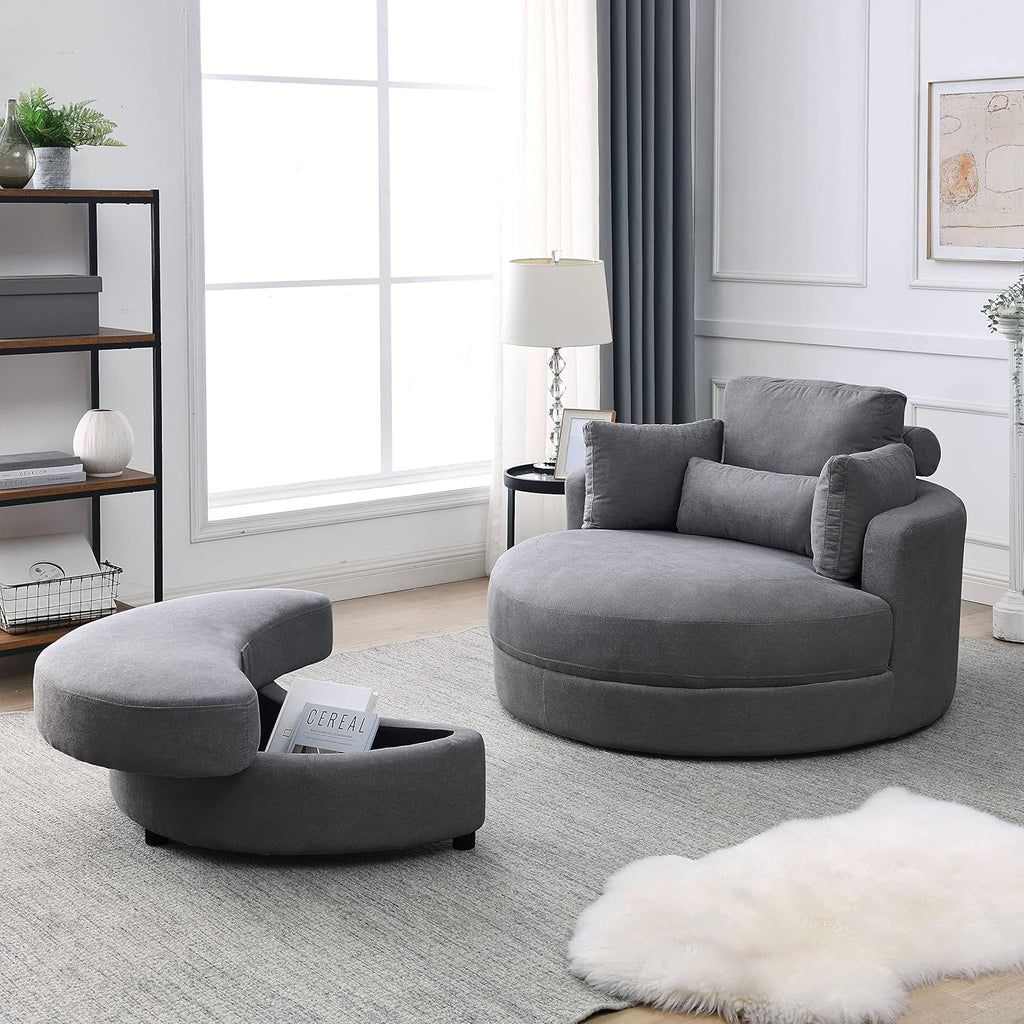 Dark Grey Linen Swivel Accent Chair with Storage Ottoman F5636