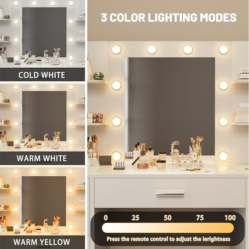 White Vanity Desk with Mirror, LED Lights, 7 Drawers and 6 Storage Shelves M659183