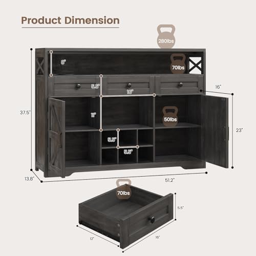 White 55" Wood Sideboard Buffet Cabinet with Drawers and Doors Y850291