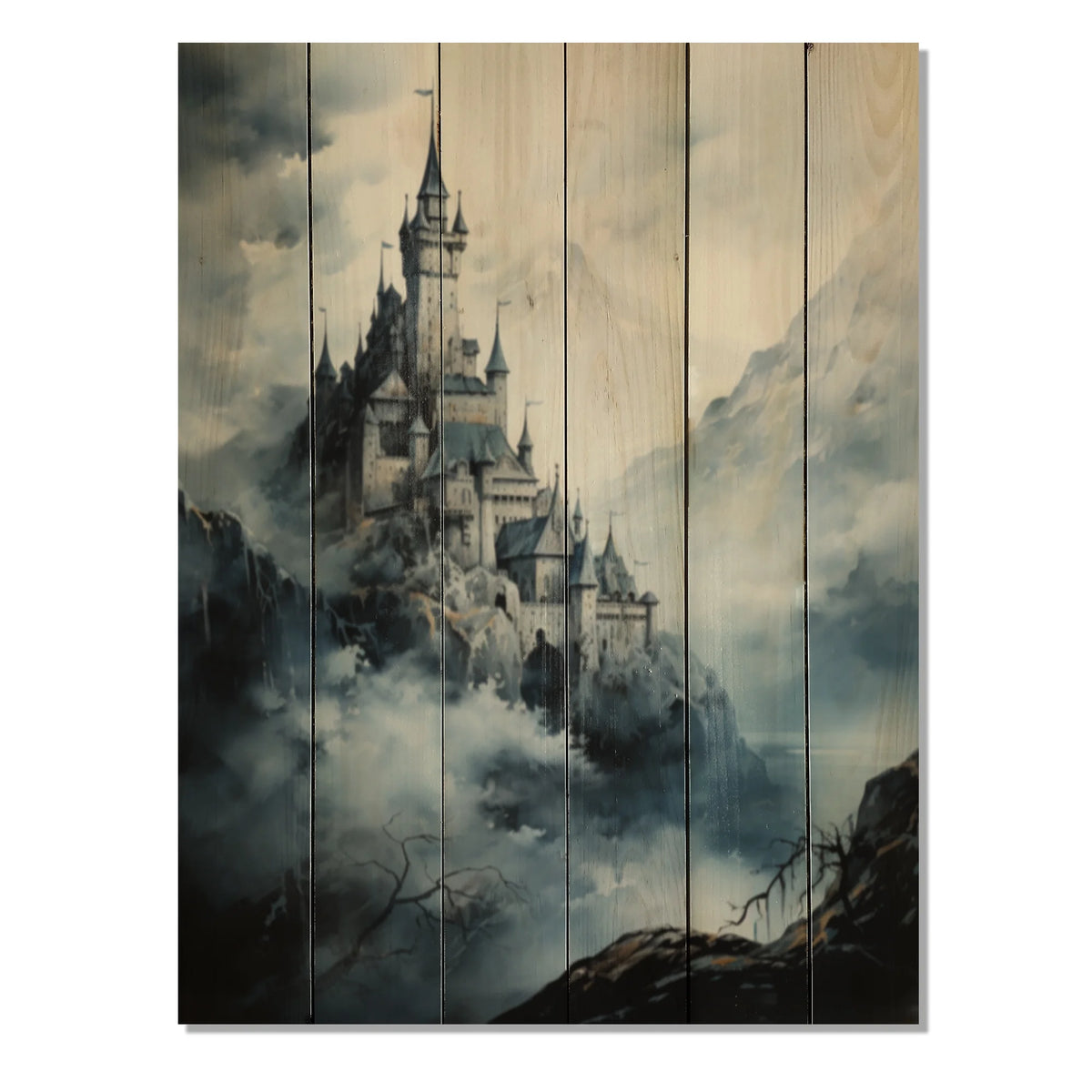 Mountain Fortress Castles Misty Painting II Print on Natural Pine Wood J2649