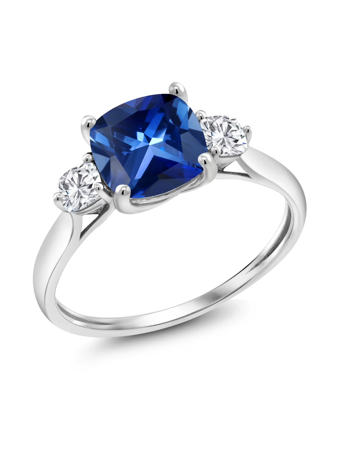 10K White Gold Blue Created Sapphire White Moissanite 3 Stone Engagement Ring H480346