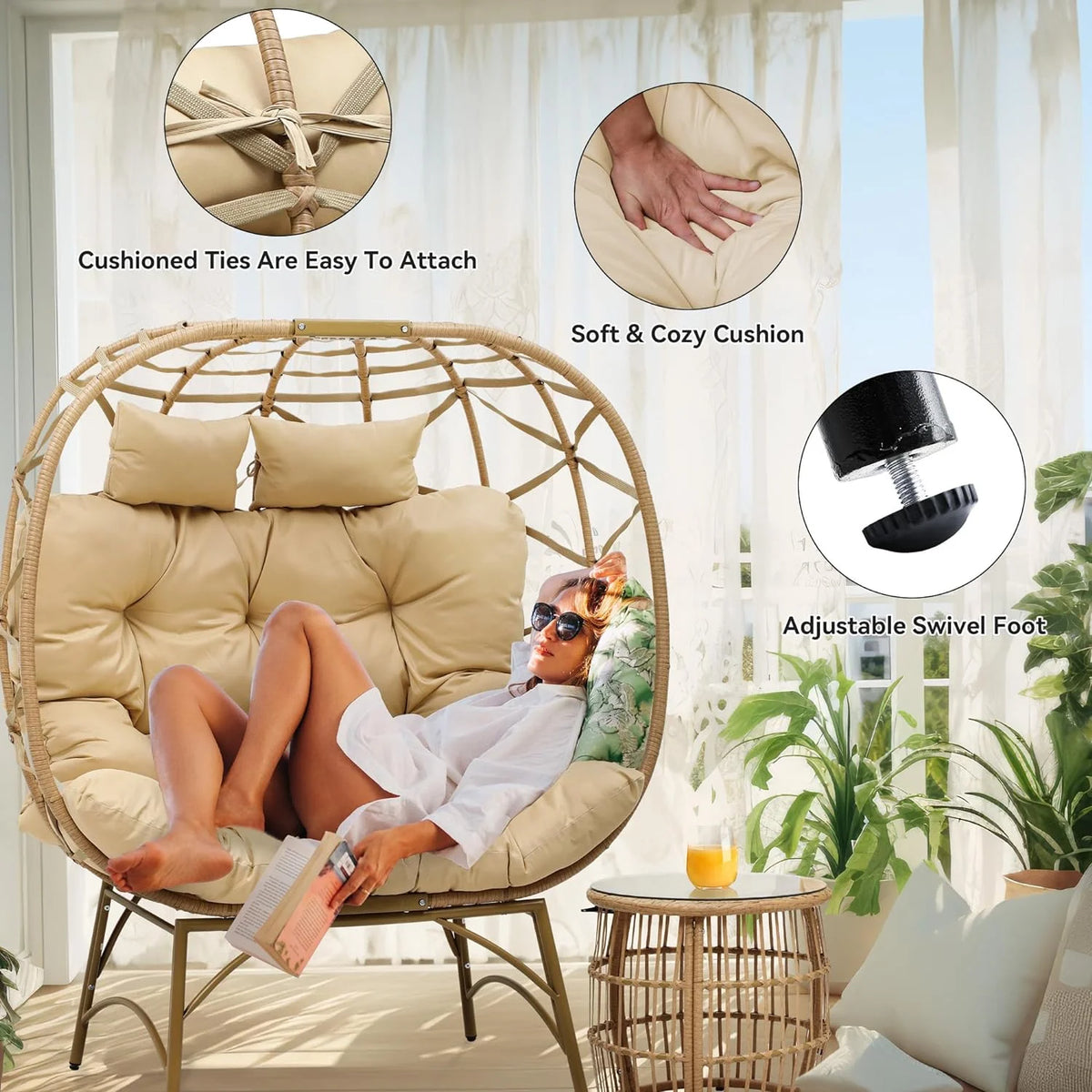 Double Egg Chair with Legs 2 Person Wicker Egg Chair with Cushions O1376
