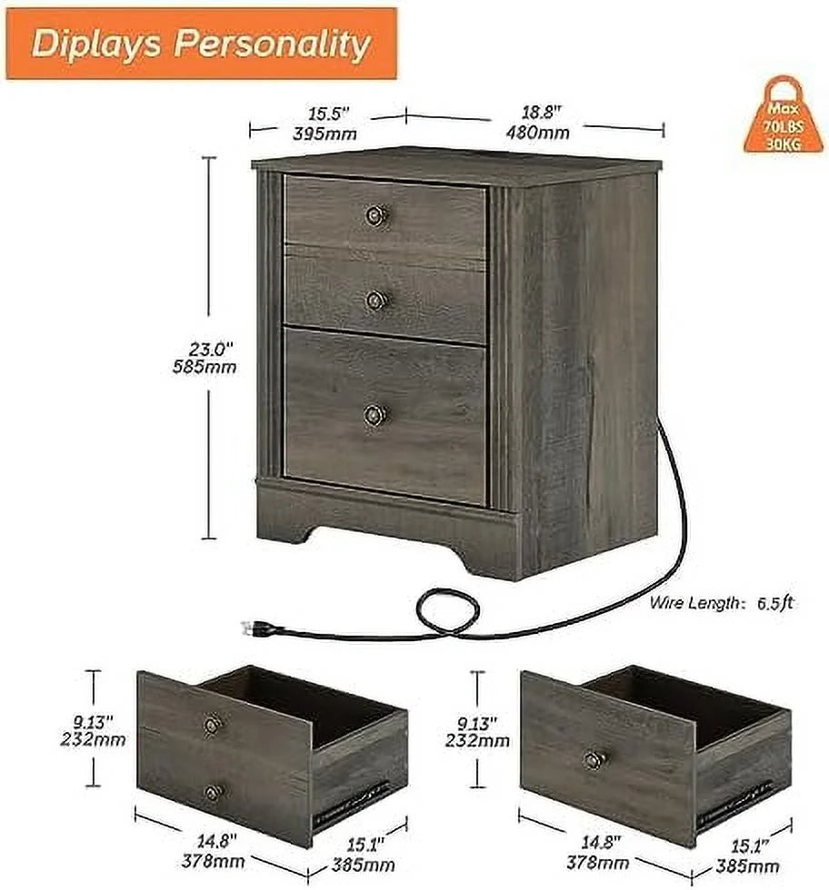 Dark Antique Brown Wood Nightstand with Charging Station and 2 Sliding Drawers Q90198