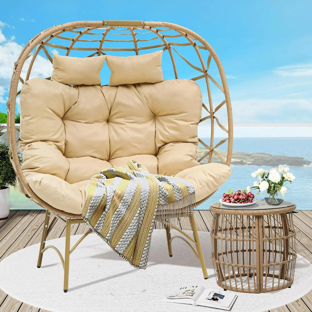 Double Egg Chair with Legs 2 Person Wicker Egg Chair with Cushions O1376