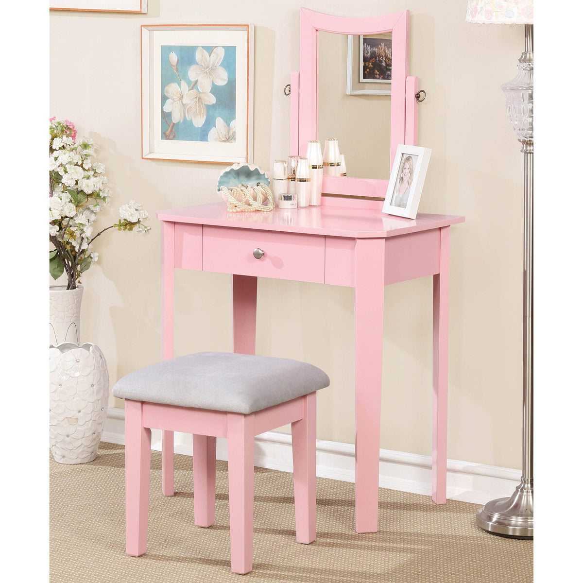 Pink 3-Piece Solid Wood Vanity Set K8431