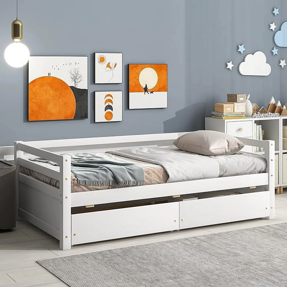 Twin Upholstered Daybed with Storage, Linen Button-Tufted, Double Drawers, Wood Slats, Beige Z196