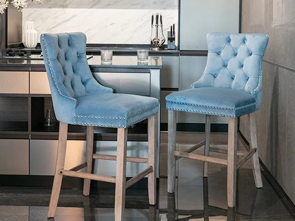 Velvet Bar Stools Set of 2, 27" Seat Height, Tufted Back, Wood Frame, Light Blue F7491