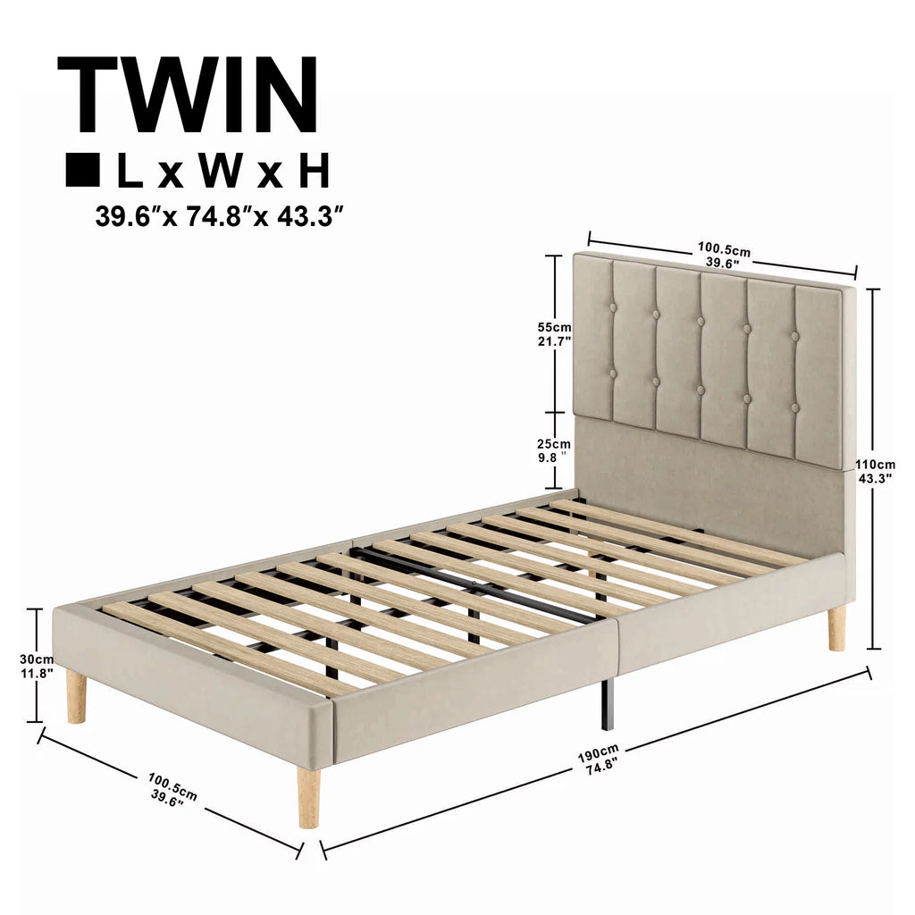 Twin Bed Frame with Upholstered Headboard, Grey E120852