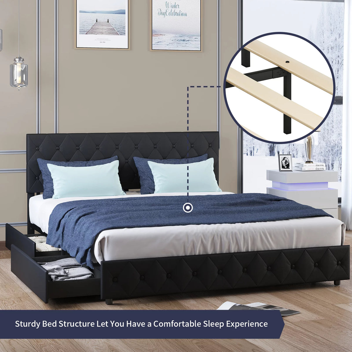 Black King Storage Bed Frame with 4 Drawers P781