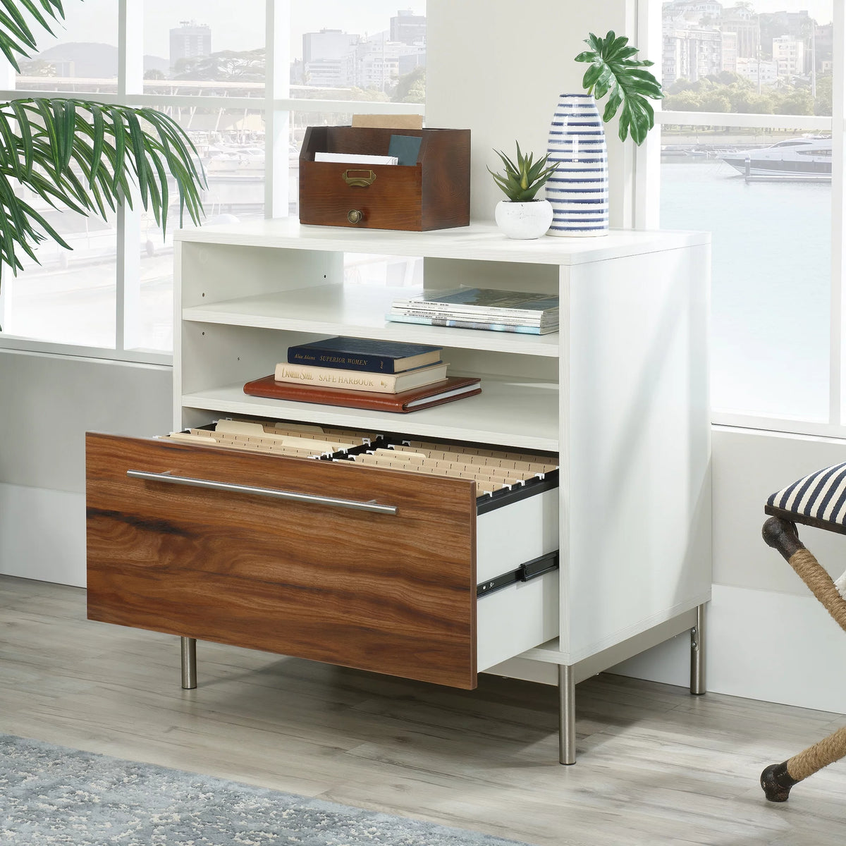 Pearl Oak Finish Lateral File Cabinet with Open Storage U23173