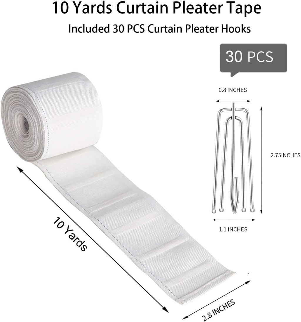 White 10 Yards Pleater Tape with 30 Pcs Stainless Steel 4 Prongs Hooks E1248
