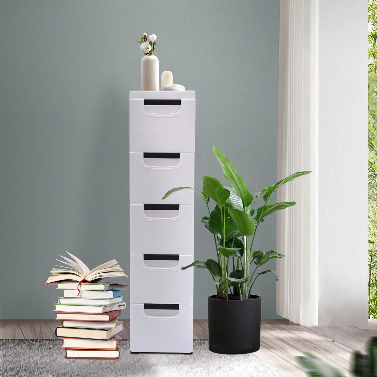 White Narrow Plastic 5 Drawer Dresser with Wheels L7823