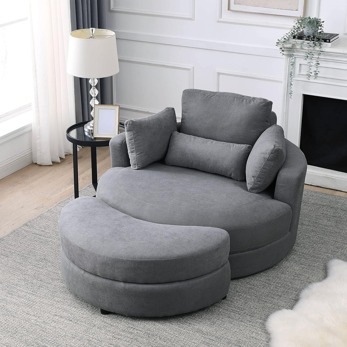 Dark Grey Linen Swivel Accent Chair with Storage Ottoman F5636