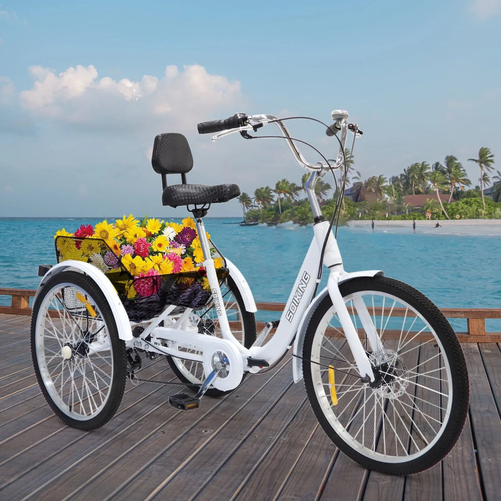 24-Inch 7-Speed Foldable Tricycle Cruiser Bike with Basket X1595
