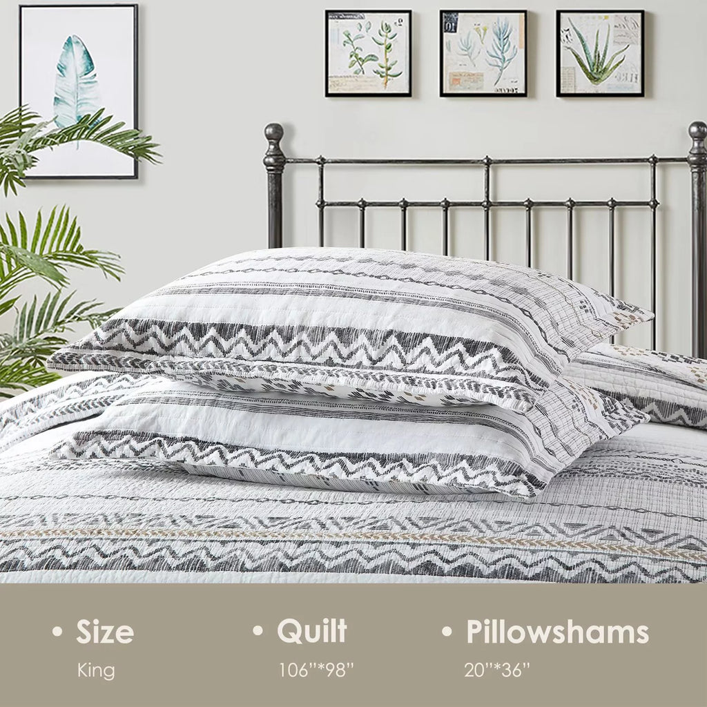 100% Cotton King Size Quilt Set White Charcoal Geometric Striped 3-Piece A876