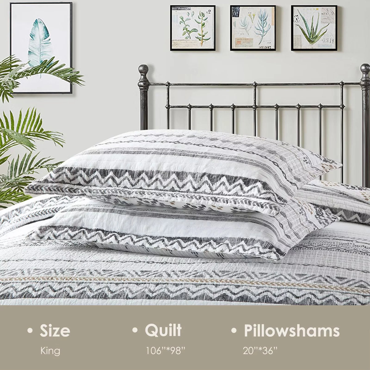100% Cotton King Size Quilt Set White Charcoal Geometric Striped 3-Piece A876