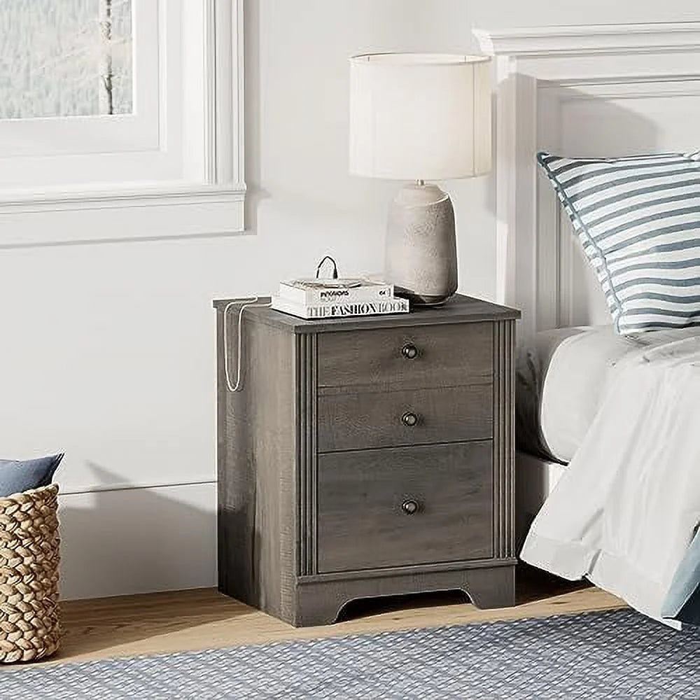 Dark Antique Brown Wood Nightstand with Charging Station and 2 Sliding Drawers Q90198