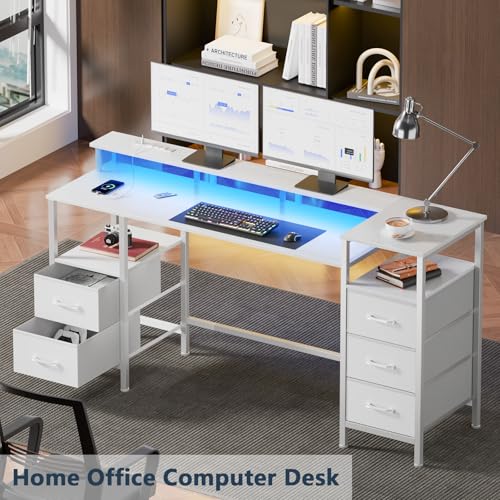55 Inch White Gaming Desk with Power Outlets and LED Lights E326