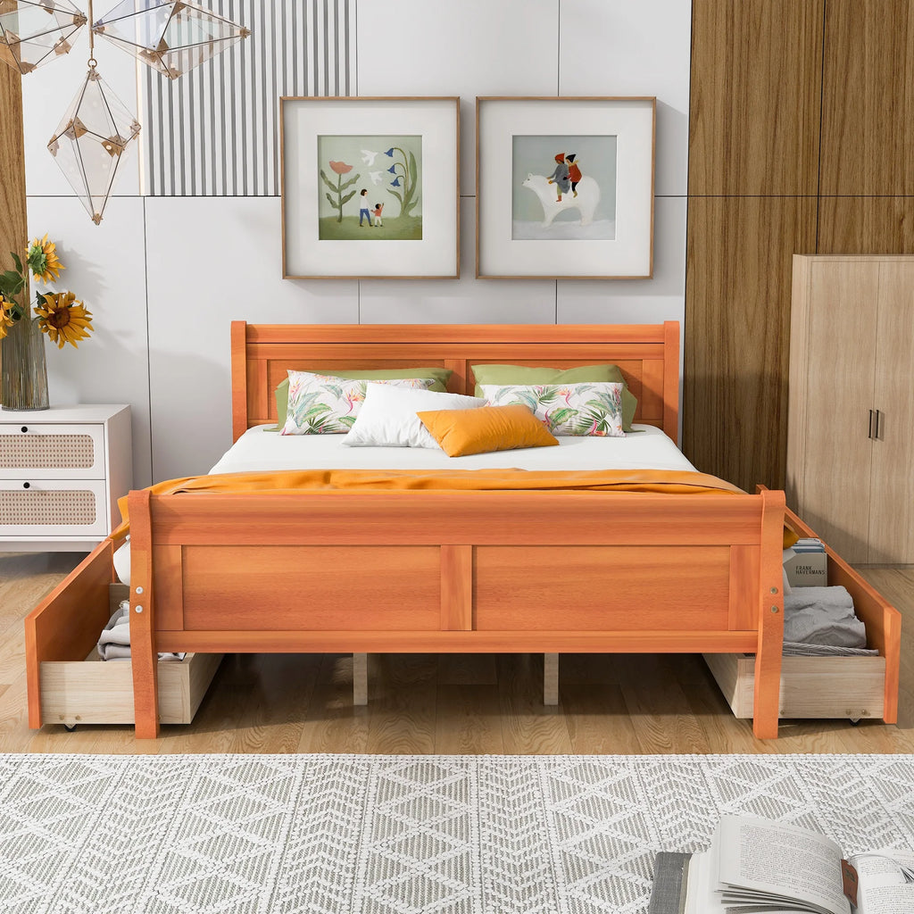 Queen Size Wood Platform Bed Frame with 4 Storage Drawers W961057
