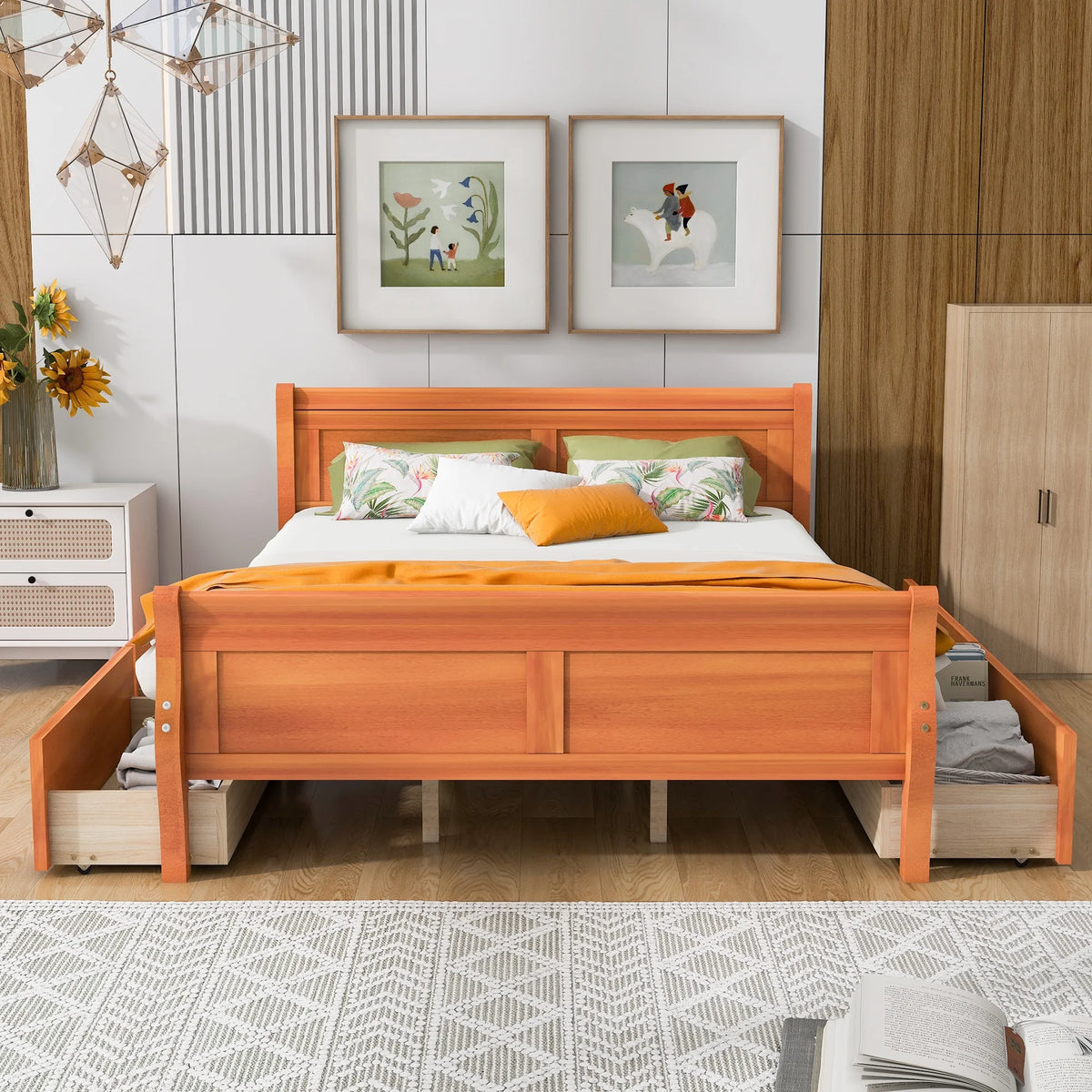 Queen Size Wood Platform Bed Frame with 4 Storage Drawers W961057