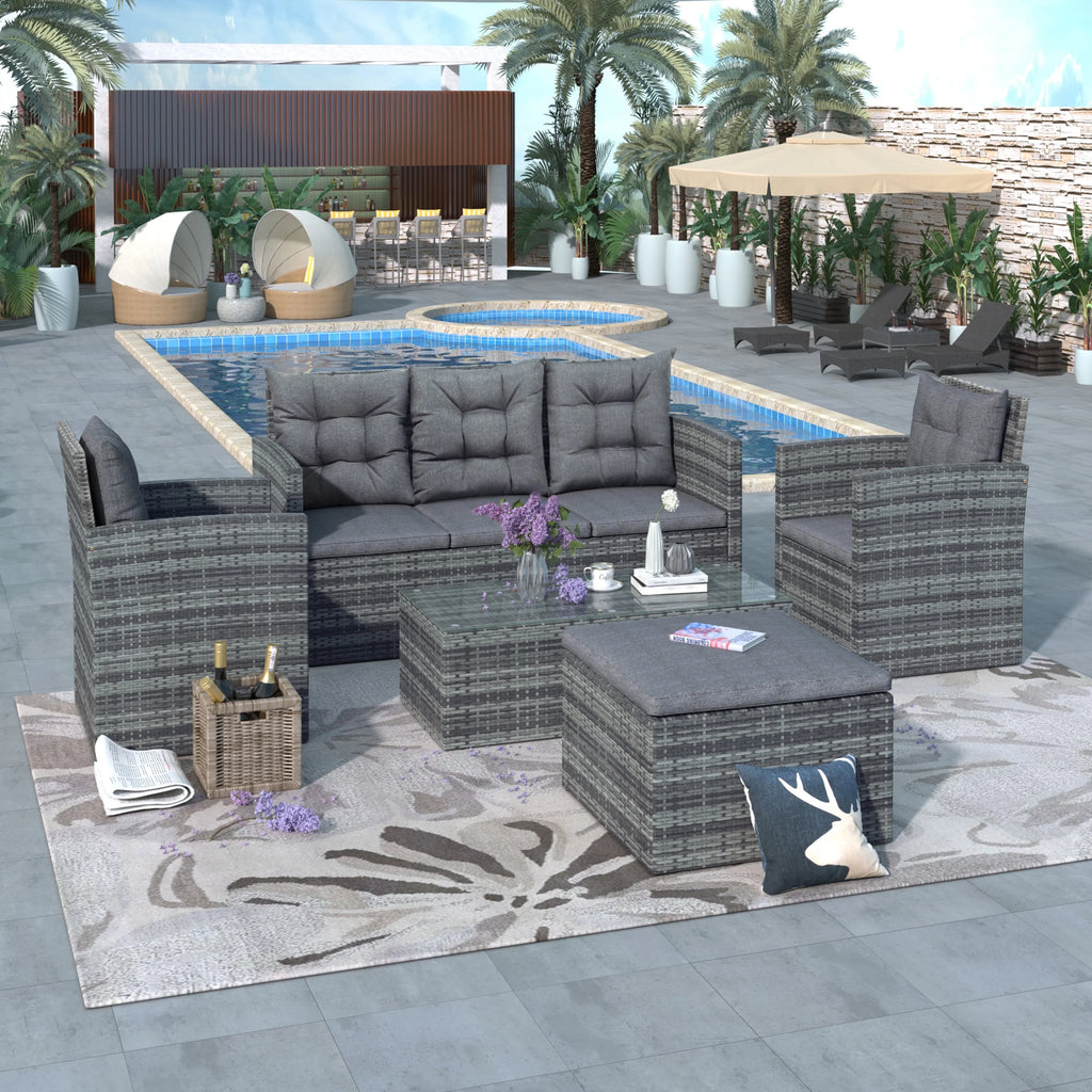 5-Piece Wicker PE Rattan Patio Sofa Set with Glass Coffee Table and Ottoman X86348