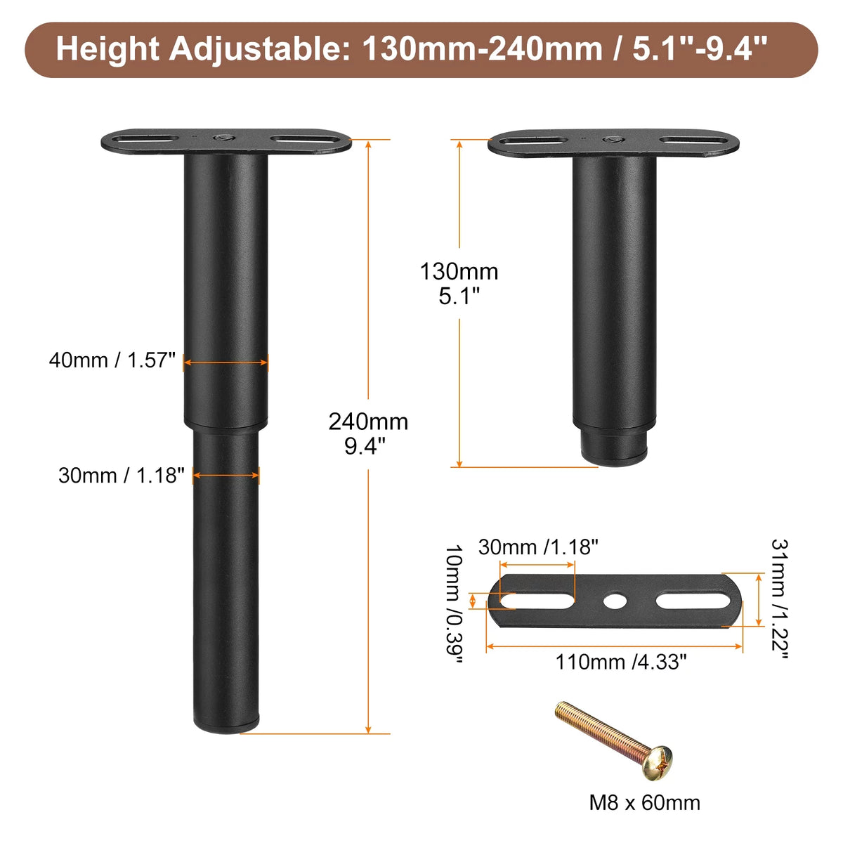 Adjustable Height Bed Frame Support Legs Black X3028