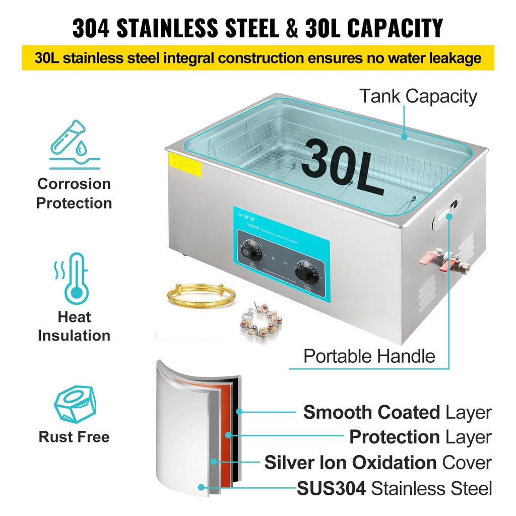 30L Ultrasonic Cleaner 304 Stainless Steel with Heater Timer G41657