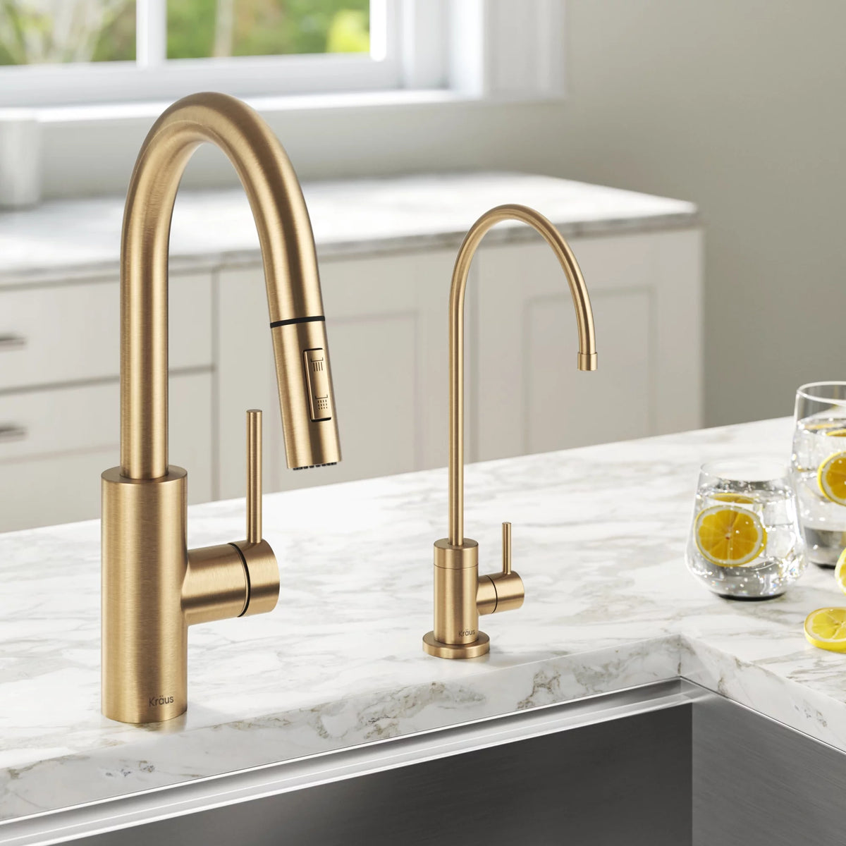 Pull-Down Kitchen Faucet and Water Filter Faucet Combo in Brushed Brass T840