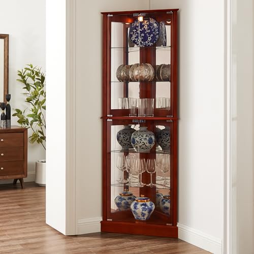 72" Tall Corner Cabinet with LED Light, Glass Doors, Adjustable Shelves, Mirrored Back Panel, Curved Wood J745852