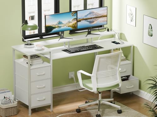 55 Inch White Gaming Desk with Power Outlets and LED Lights E326