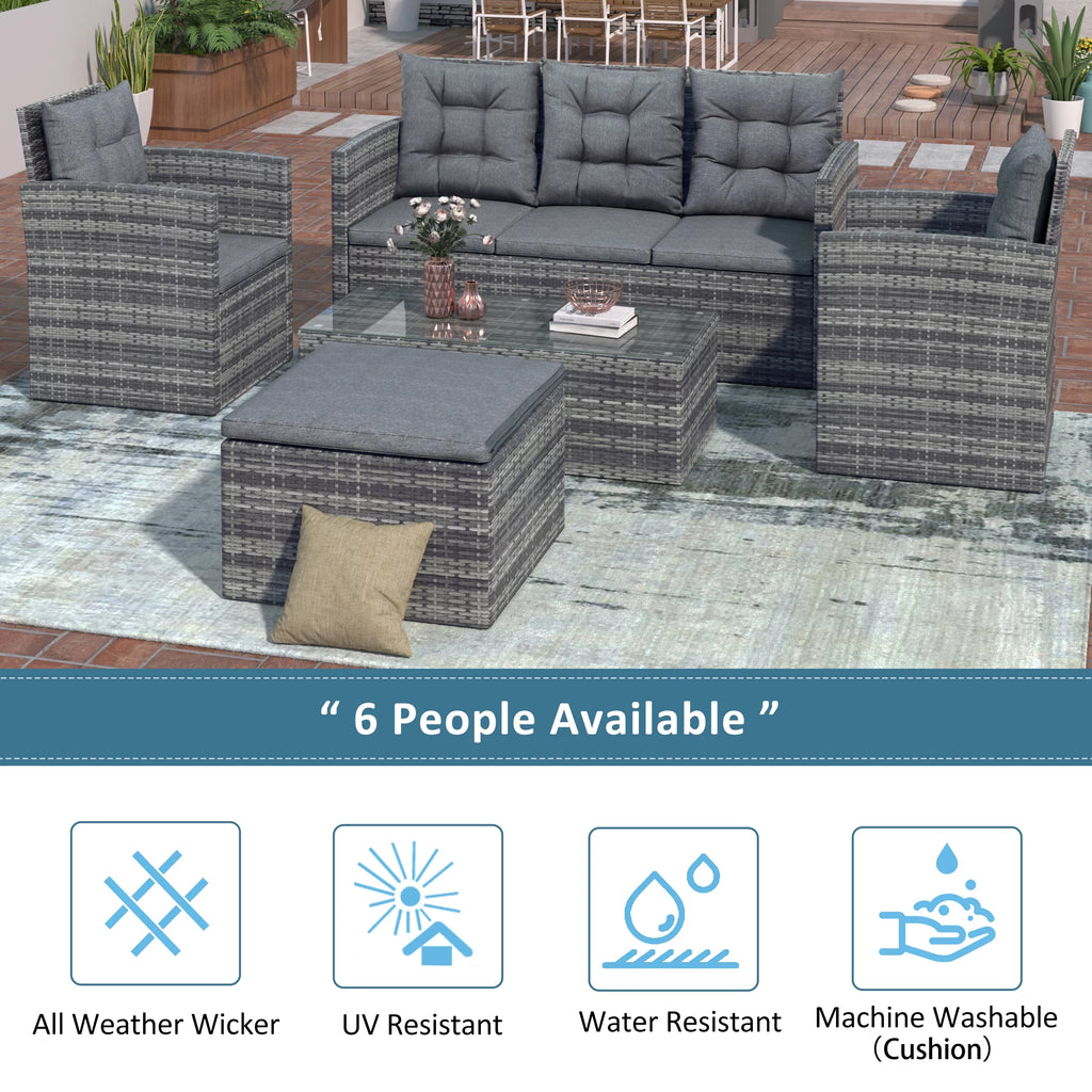 5-Piece Wicker PE Rattan Patio Sofa Set with Glass Coffee Table and Ottoman X86348
