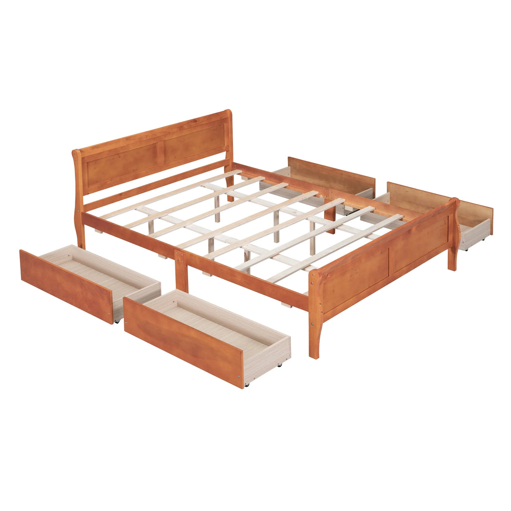 Queen Size Wood Platform Bed Frame with 4 Storage Drawers W961057