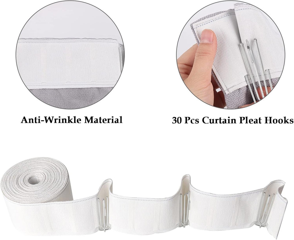 White 10 Yards Pleater Tape with 30 Pcs Stainless Steel 4 Prongs Hooks E1248
