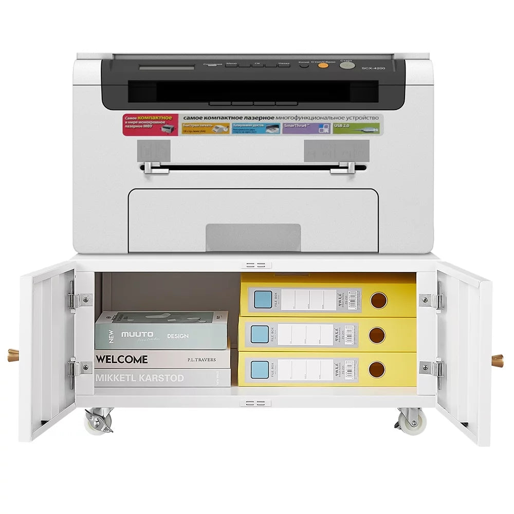 White Printer Stand with Storage Cabinet and Wheels I310