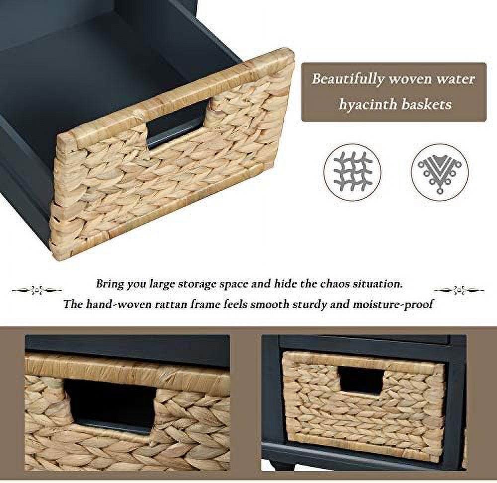 Rustic Bench with 3 Drawers and 3 Rattan Baskets Shoe Bench with Removable Cushion T41280