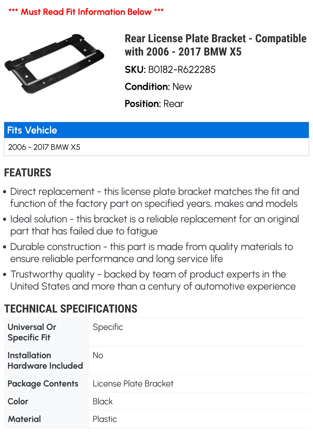 Rear License Plate Bracket for BMW X5 D59636