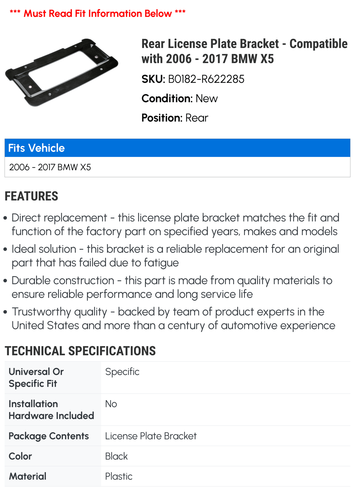 Rear License Plate Bracket for BMW X5 D59636