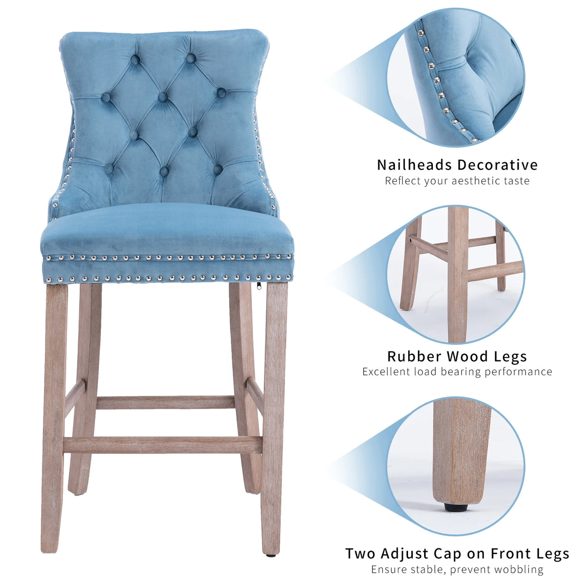 Velvet Bar Stools Set of 2, 27" Seat Height, Tufted Back, Wood Frame, Light Blue F7491