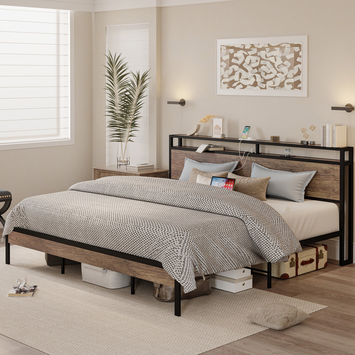 Queen Platform Bed Frame with Storage Headboard and Charging Station H47689