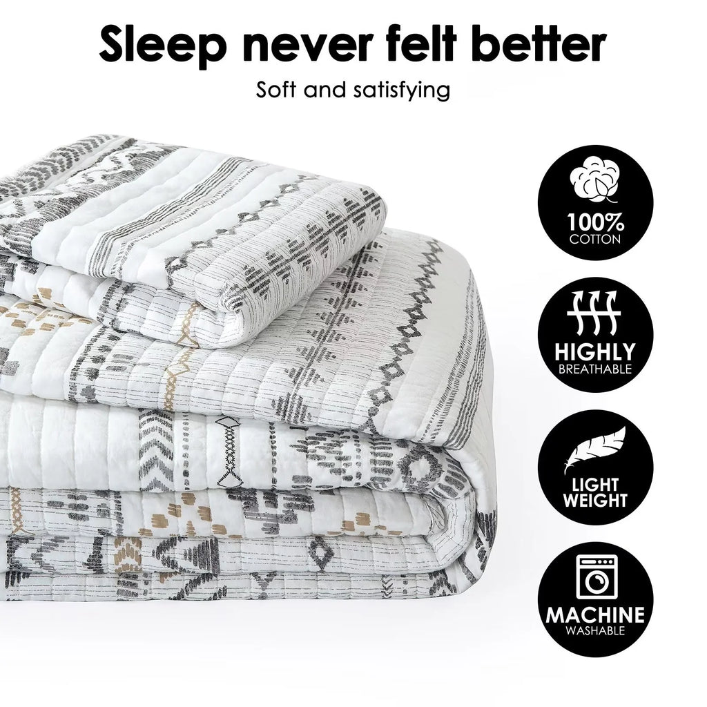 100% Cotton King Size Quilt Set White Charcoal Geometric Striped 3-Piece A876